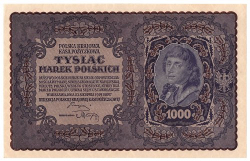 II RP, 1000 marek polskich 1919 I SERJA DF Bardzo ładny banknot z minusem za nie...
