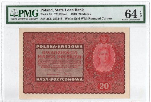 II RP, 20 marek polskich 1919 II SERJA CL - PMG 64EPQ Bardzo dobrze zachowany ba...