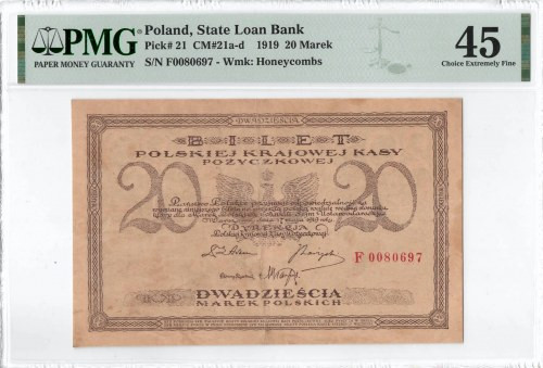 II RP, 20 marek polskich 1919 F - PMG 45 Atrakcyjny wizualnie banknot z widoczny...