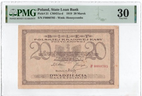 II RP, 20 marek polskich 1919 F - PMG 30 Atrakcyjny wizualnie banknot z widoczny...