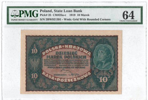 II RP, 10 marek polskich 1919 II SERJA BW - PMG 64 Świetnie zachowany banknot do...