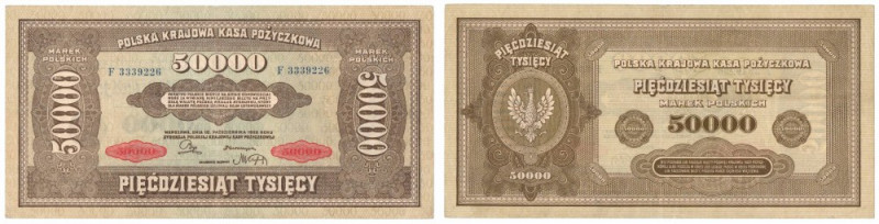 II RP, 50.000 marek polskich 1922 F Banknot w wizualnie dobrej kondycji, z widoc...