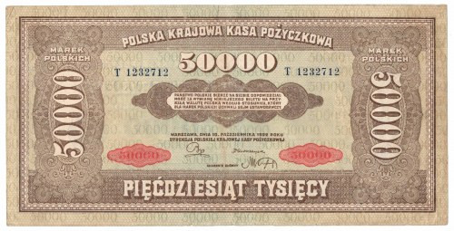 II RP, 50.000 marek polskich 1922 T Banknot w wizualnie dobrej kondycji, z widoc...