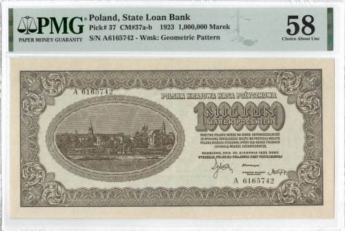 II RP, 1 mln marek polskich 1923 A - PMG 58 Rzadki, świetnie zachowany banknot o...