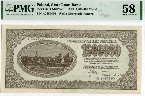 II RP, 1 mln marek polskich 1923 A - PMG 58 Rzadki, świetnie zachowany banknot o...