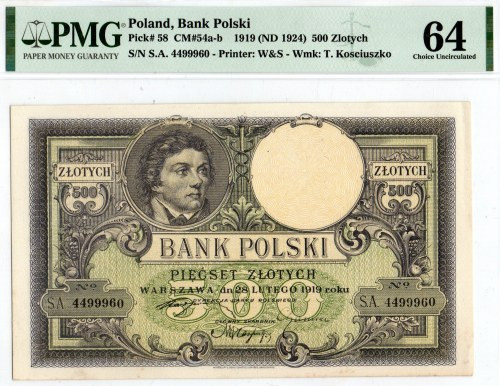 II RP, 500 złotych 1919 S.A. PMG 64 Banknot o emisyjnej kondycji doceniony przez...