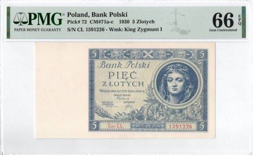 II RP, 5 złotych 1930 BJ. - PMG 66EPQ Doskonale zachowany banknot o idealnej żyw...