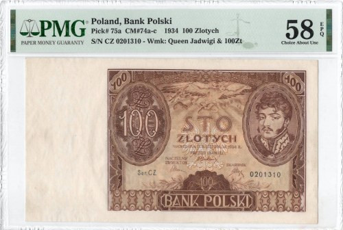 II RP, 100 złotych 1934 CZ. - PMG 58EPQ Banknot w stanie emisyjnym doceniony prz...