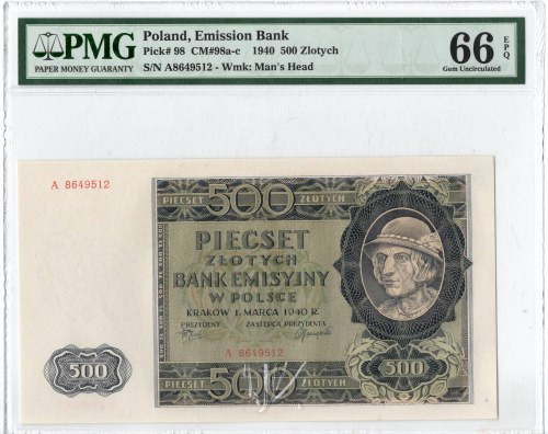 GG, 500 złotych 1940 A - PMG 66EPQ Wyśmienicie zachowany banknot o żywej kolorys...