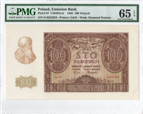 GG, 100 złotych 1940 D - PMG 65EPQ Egzemplarz w stanie emisyjnym o pięknej preze...