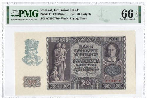 GG, 20 złotych 1940 A - PMG 66EPQ Wyśmienicie zachowany banknot o idealnej żywej...