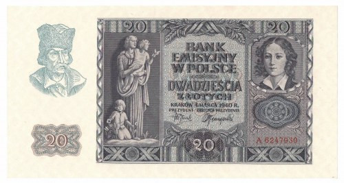 GG, 20 złotych 1940 A Bardzo dobrze zachowany banknot o idealnej żywej kolorysty...