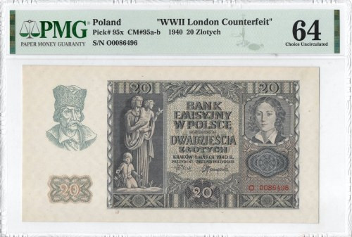 GG, 20 złotych 1940 - rzadsza seria O - WWII London Counterfeit - PMG 64 Wyśmien...