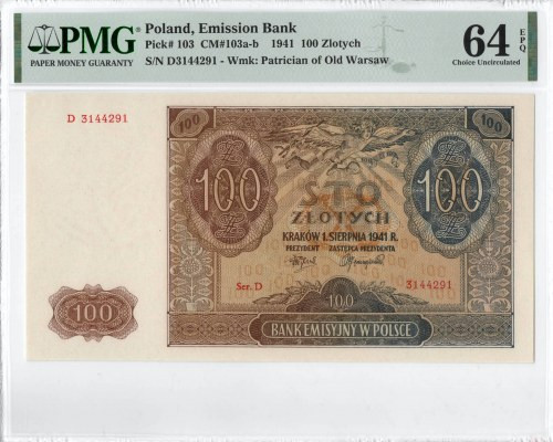 GG, 100 złotych 1941 D - PMG 64EPQ Banknot w emisyjnym stanie zachowania docenio...