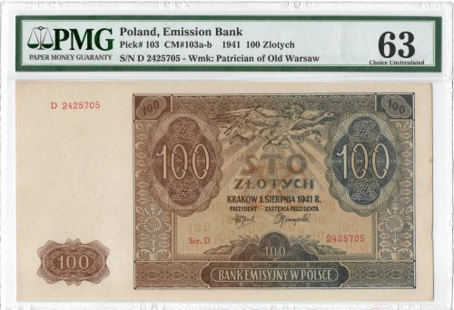 GG, 100 złotych 1941 D - PMG 63 Banknot w emisyjnym stanie zachowania doceniony ...