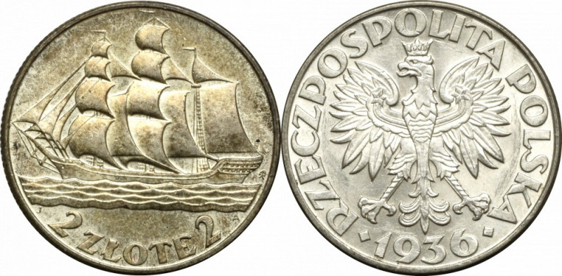 II Republic of Poland, 2 zloty 1936 Ship Piękny egzemplarz z zegarowym połyskiem...