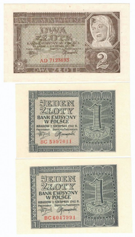 GG, 1-2 złoty 1941 - zestaw (3 egzemplarze) Zestaw trzech banknotów w emisyjnym ...