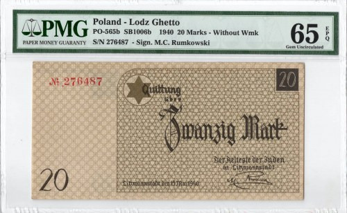 Litzammstadt Getto, 20 mark 1940 - PMG 65EPQ Wyśmienicie zachowany banknot w emi...