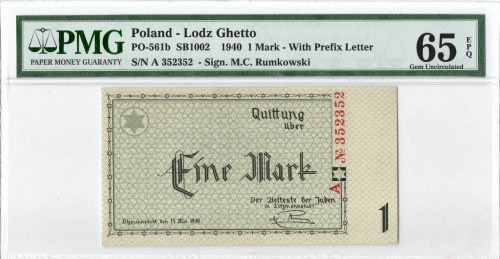 Getto w Łodzi, 1 marka 1940 Ser. A 6 cyfr - PMG 65EPQ Wyśmienicie zachowany bank...