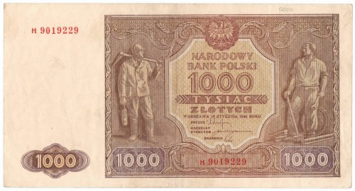 PRL, 1000 złotych 1946 H Atrakcyjny wizualnie banknot, po przebytym zabiegu kons...