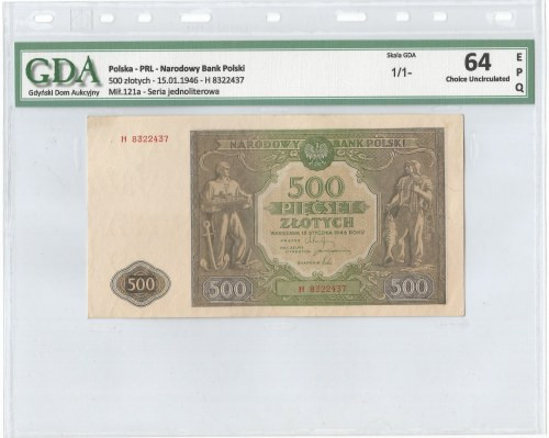 PRL, 500 złotych 1946 H - GDA 64EPQ Bardzo atrakcyjny egzemplarz doceniony wysok...