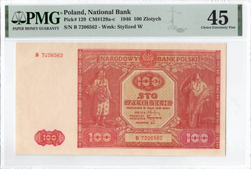 PRL, 100 złotych 1946 B - PMG 45 Bardzo dobrze zachowany banknot, o wizualnie zd...