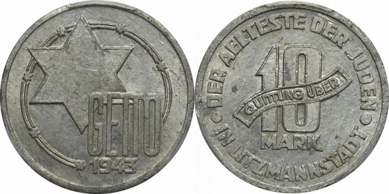 Litzmannstadt Ghetto, 10 mark 1943 - PCGS MS62 Piękny, menniczy egzemplarz. Odmi...