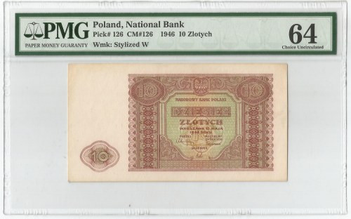 PRL, 10 złotych 1946 - PMG 64 Banknot w emisyjnym stanie zachowania, w wysokiej ...