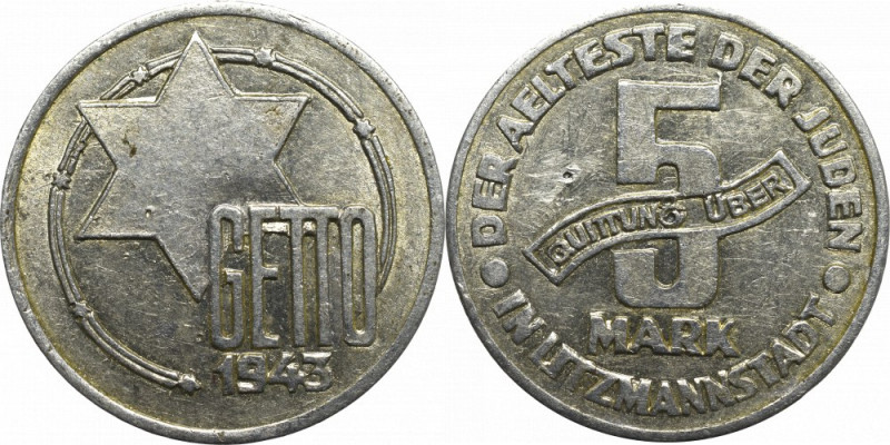 Litzmannstadt Ghetto, 5 mark 1943 Ładny egzemplarz z dużą ilością połysku. Odmia...