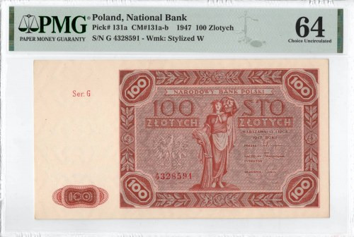 PRL, 100 złotych 1947 G - PMG 64 Bardzo dobrze zachowany banknot o idealnej żywe...