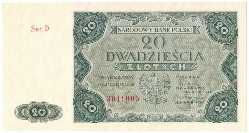 PRL, 20 złotych 1947 D Banknot w stanie emisyjnym o doskonałej prezencji i ostry...