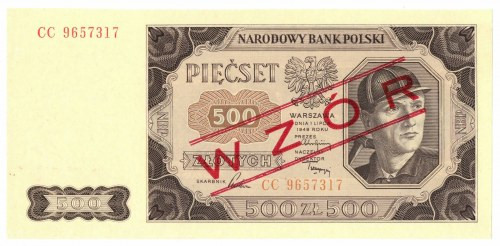 PRL, 500 złotych 1948 CC - WZÓR Banknot w doskonałej kondycji, bez śladów obiegu...