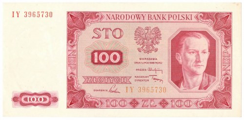 PRL, 100 złotych 1948 IY Doskonale zachowany banknot z prezencją bliską emisyjne...