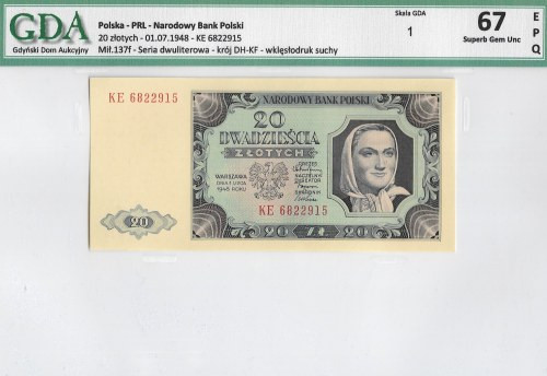 PRL, 20 złotych 1948 KE - GDA 67EPQ Wyselekcjonowany banknot doceniony bardzo wy...