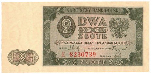 PRL, 2 złote 1948 E Doskonale zachowany banknot o wyśmienitej prezencji, mały mi...