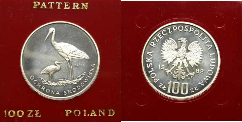 PRL, 100 złotych 1982 Ochrona środowiska - Próba Bocian Ag Menniczy egzemplarz. ...