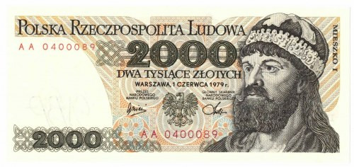 PRL, 2000 złotych 1979 AA Wyśmienicie zachowany banknot o idealnej żywej kolorys...