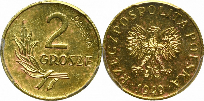 PRL, 2 grosze 1949 - Próba mosiądz PCGS SP62 Piękny, menniczy egzemplarz. Refere...