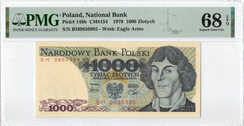 PRL, 1000 złotych 1979 BM - RZADKI - PMG 68EPQ Wyśmienicie zachowany banknot o z...