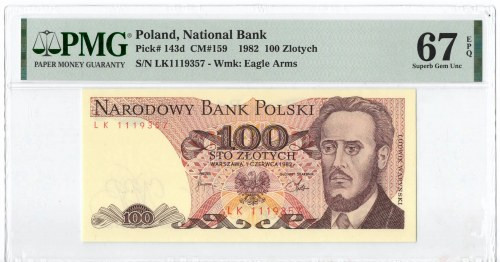 PRL, 100 złotych 1982 LK - PMG 67EPQ Wyśmienicie zachowany banknot o idealnej ży...