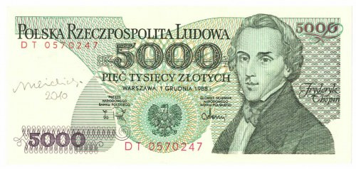 PRL, 5000 złotych 1988 DT - z autografem Heidricha Egzemplarz w emisyjnym stanie...