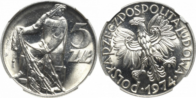 People's Republic of Poland, 5 zlotych 1974 Piękny, menniczy egzemplarz w gradin...