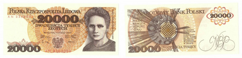 PRL, 20 000 złotych 1989 AN Wyśmienicie zachowany banknot o idealnej żywej kolor...