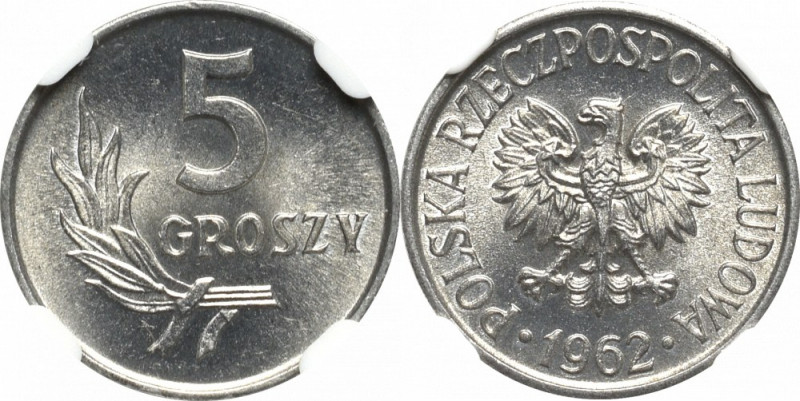 PRL, 5 groszy 1962 - NGC MS66 Wyśmienity, menniczy egzemplarz. Moneta doceniona ...