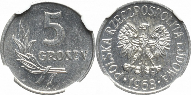 PRL, 5 groszy 1968 - NGC MS64 Piękny, menniczy egzemplarz. Moneta w wysokiej noc...