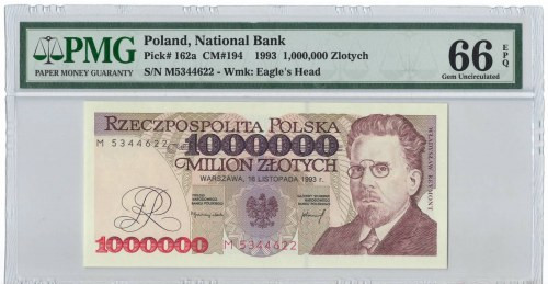 1 mln złotych 1993 M - PMG 66EPQ Wyśmienicie zachowany banknot o idealnej żywej ...