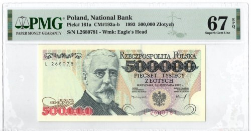 500.000 złotych 1993 L - PMG 67EPQ Egzemplarz w emisyjnym stanie zachowania doce...