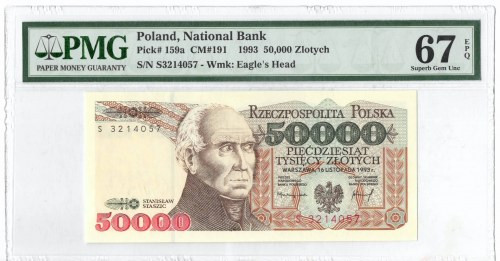 50.000 złotych 1993 S - PMG 67EPQ Wyśmienicie zachowany banknot, o idealnej, żyw...