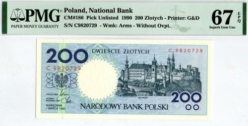 IIIRP, 200 złotych 1990 - C - PMG 67 EPQ Egzemplarz w gradingu z dopiskiem EPQ o...