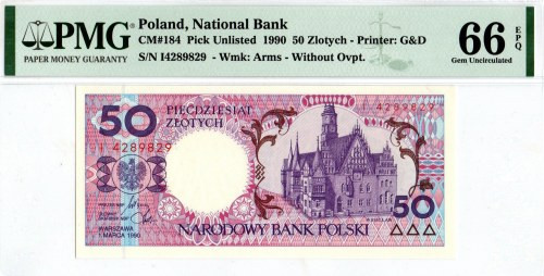 IIIRP, 50 złotych 1990 -I - PMG 66 EPQ Egzemplarz w gradingu z dopiskiem EPQ ozn...